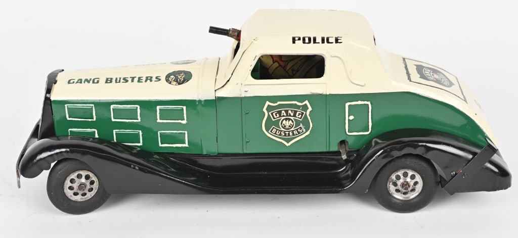 MARX TIN WINDUP GANG BUSTER CAR: car has been restored and looks great. Windup works. 14" Excellent