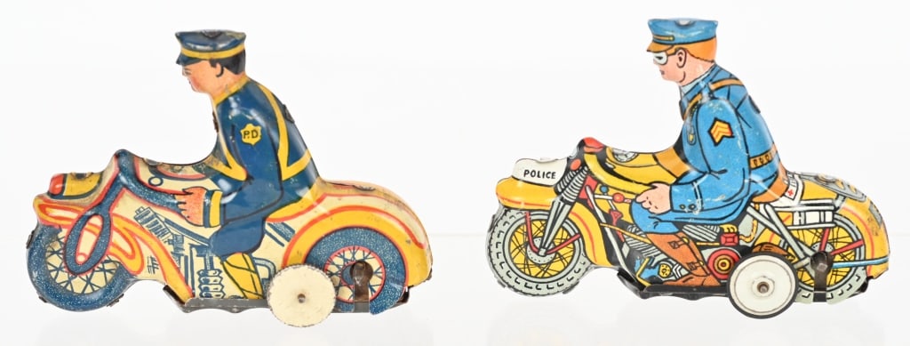 MARX TIN WINDUP TRICKY & MYSTIC MOTORCYCLES: Lot of 2 Marx tin windup motorcycle toys. The Tricky motorcycle worked when tested. The Mystic motorcycle did not work. Both are 4 1/2" Excellent
