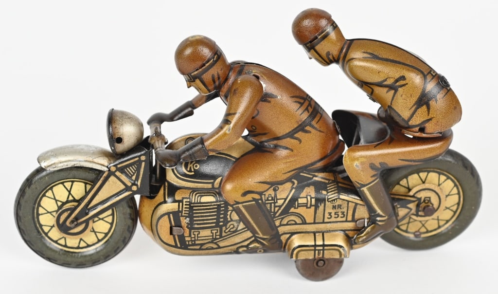 CKO TIN WINDUP TANDEM MOTORCYCLE: made in german. All original and complete. Windup not working. 5 1/2" Excellent