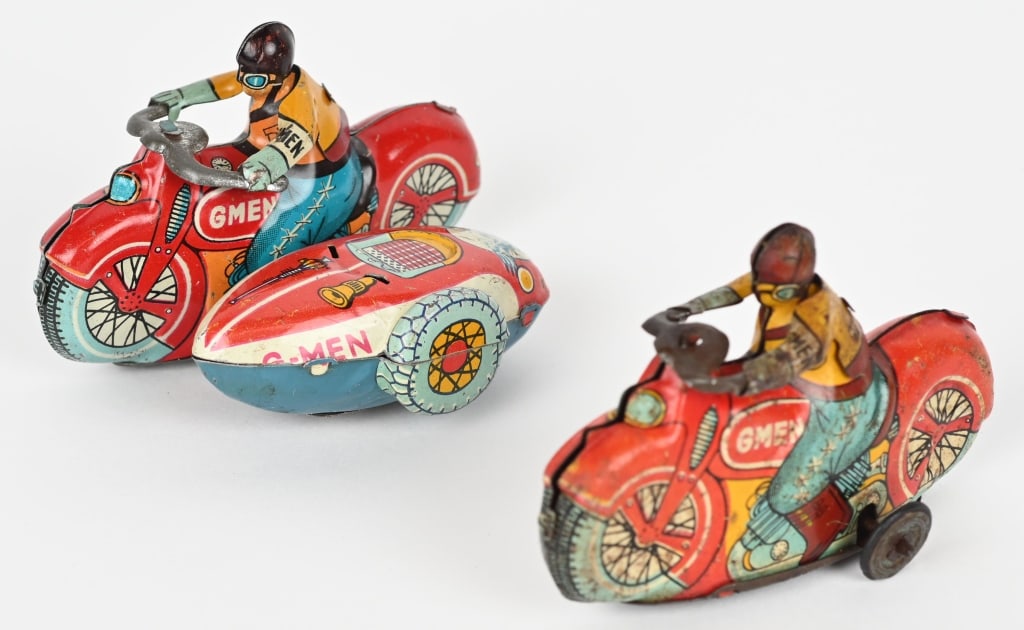 2- JAPAN TIN G-MAN MOTORCYCLES: Both all original. Single bike friction not working. 3 1/2" Very Good-Excellent
