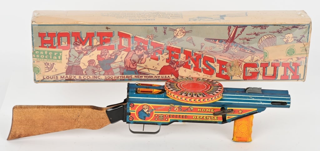 MARX TIN WINDUP HOME DEFENSE GUN w/ BOX: All original in great condition. Works. Boxed 22" Excellent