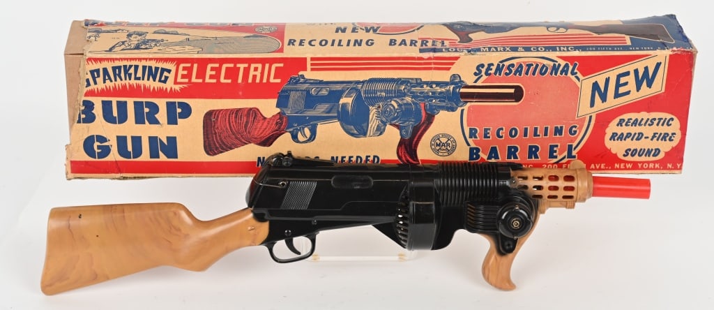 MARX WINDUP SPARKLING GUN w/ BOX: All original in great condition. Works. Boxed 24" Excellent