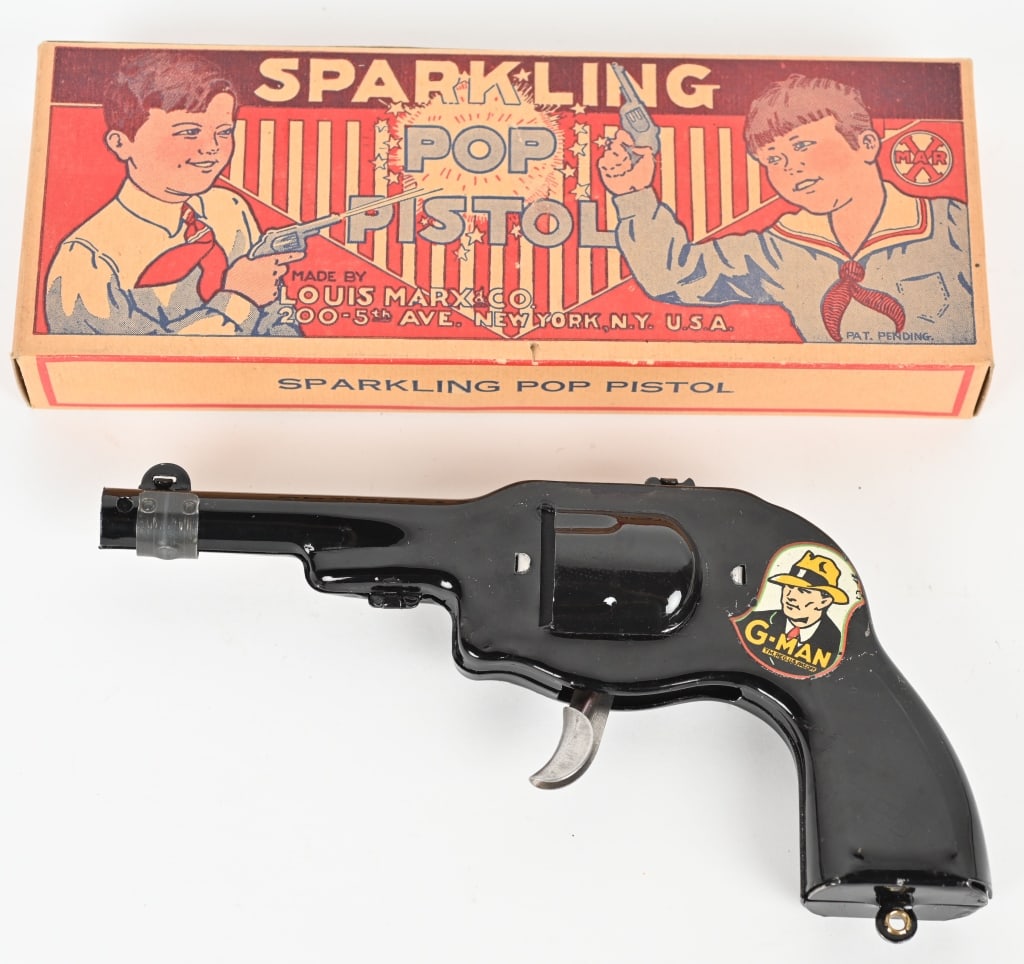 MARX G-MAN SPARKLING POP GUN w/ BOX: All original in great condition. Boxed 9" Excellent