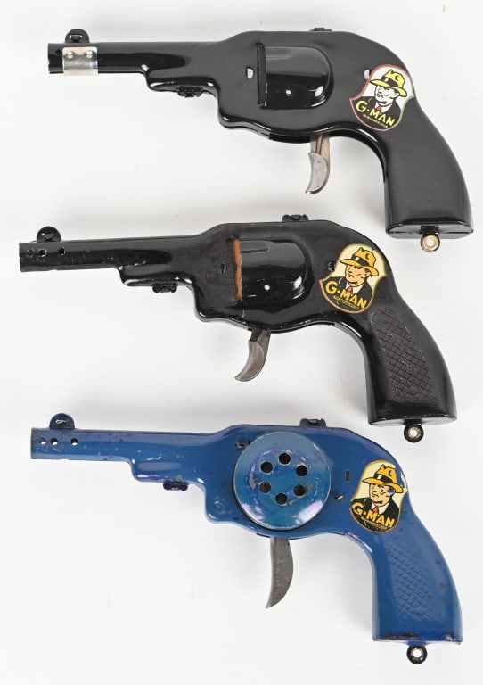 3- MARX G-MAN GUNS: All in great shape. One clicker pistol is restored. 9" Excellent