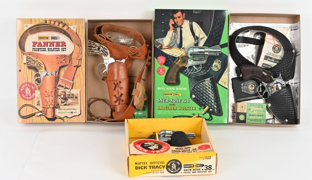 3- MATTEL GUN SETS w/ BOX: Includes Dick Tracy Snub Nose 38, Official Detective Snub Nose 38 with Shoulder Holster, and Fanner Frontier Set. All in great condition. Fanner and snub nose boxes are reproduction. Dick Tracy box is