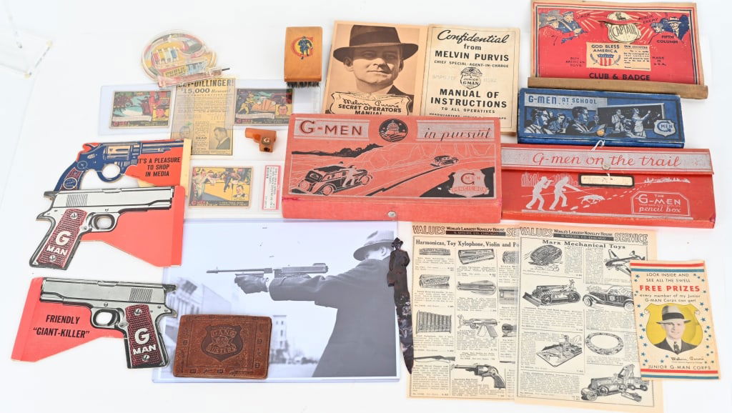 G-MAN LOT: Includes Pencil Boxes, Trading Cards, Wallet, Pencil Sharpener, Paper Guns, Papers, and More. Excellent