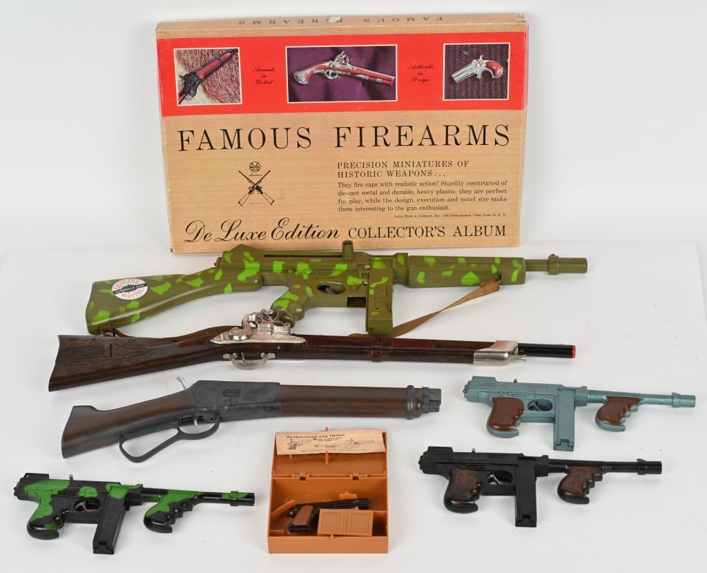 LOT OF VINTAGE TOY GUNS: Includes Marx Famous Firearms Set in Box, Tiny Tommy Guns, Mares Leg, and More. Largest 24" Excellent AS-IS