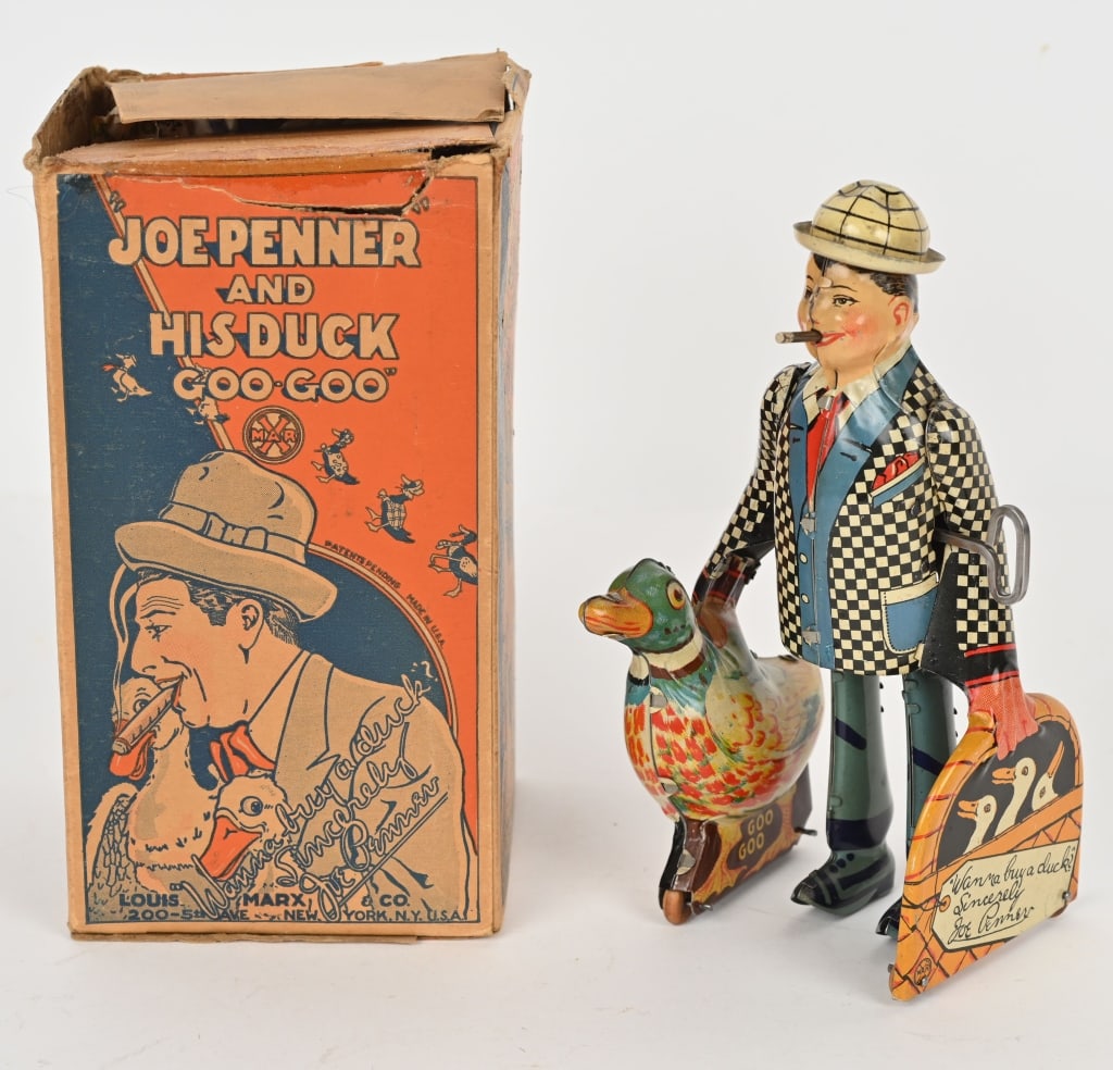 MARX TIN WINDUP JOE PENNER & DUCK w/ BOX: All original and in great shape. Windup works. Boxed 8" Excellent