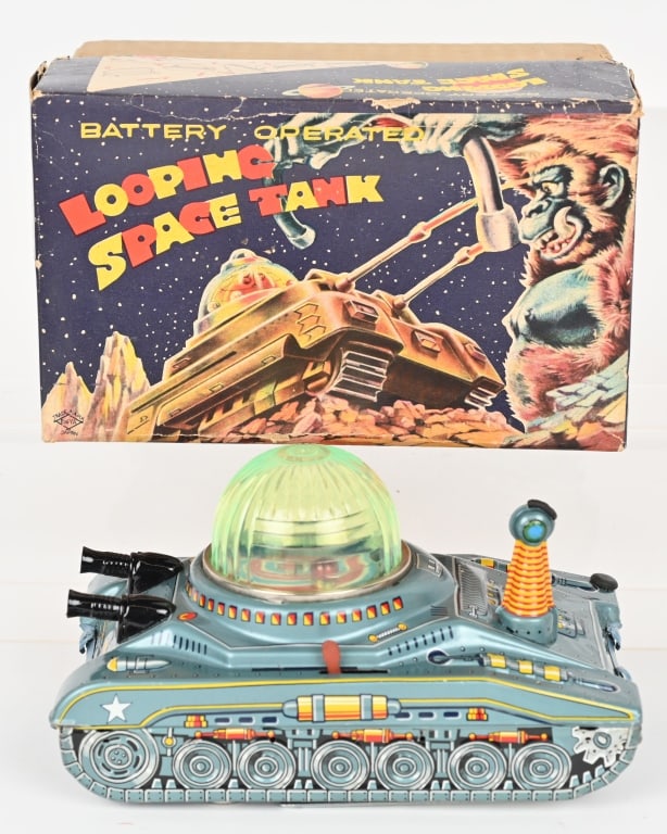 DAIYA BATTERY OP LOOPING SPACE TANK w/ BOX: Japan battery operated Space Tank. All original in great shape. Worked when tested. Boxed 9" Excellent