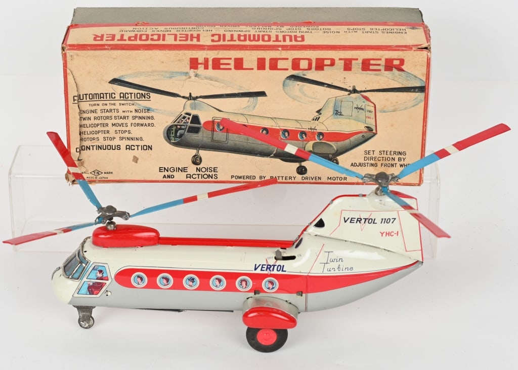 JAPAN BATTERY OP VETROL HELICOPTER w/ BOX: All original and looks never played with condition. Worked when tested. Boxed 13 1/2" Excellent