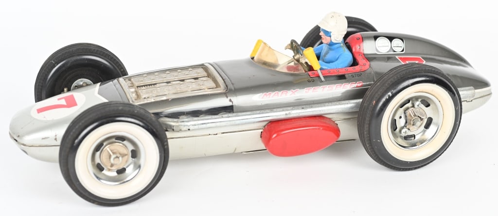 MARX BATTERY OP #7 JETSPEED RACE CAR: Nice all original large Marx Jetspeed racer. Worked when tested. Complete and original. Displays great,. Clean battery box. 18", Excellent