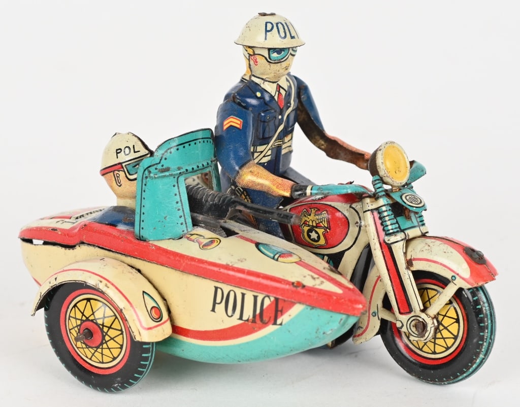 JAPAN TIN WINDUP POLICE MOTORCYCLE & SIDECAR: All original with nice details. Windup works. 5" Excellent