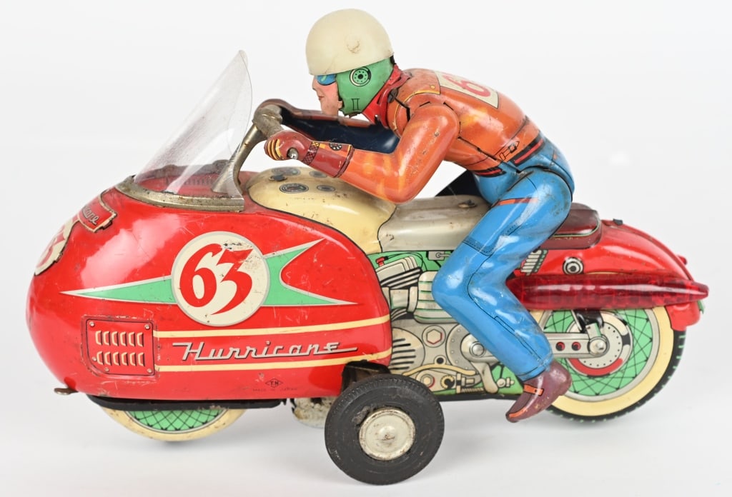 JAPAN BATTERY OP HURRICANE MOTORCYCLE: All original and complete. Did not work when tested. 10" Very Good-Excellent