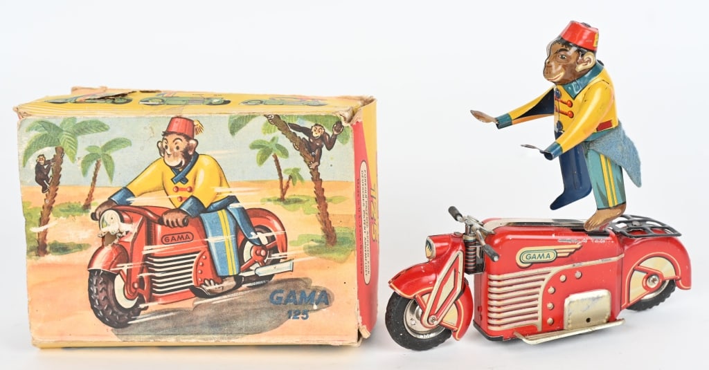 GAMA TIN WINDUP MONKEY ON MOTORCYCLE w/ BOX: All original and complete. Windup works. Comes with partial box. 7" Excellent