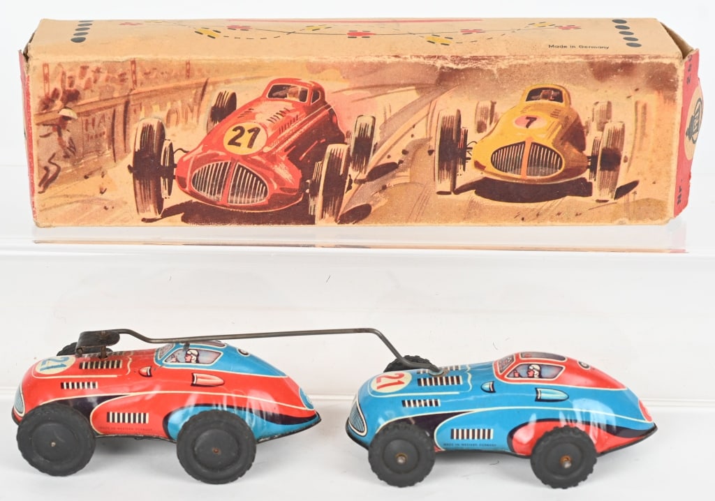 PN TIN WINDUP TWIN RACE CARS w/ BOX: Made in Germany. All original and works. Boxed 10" Excellent
