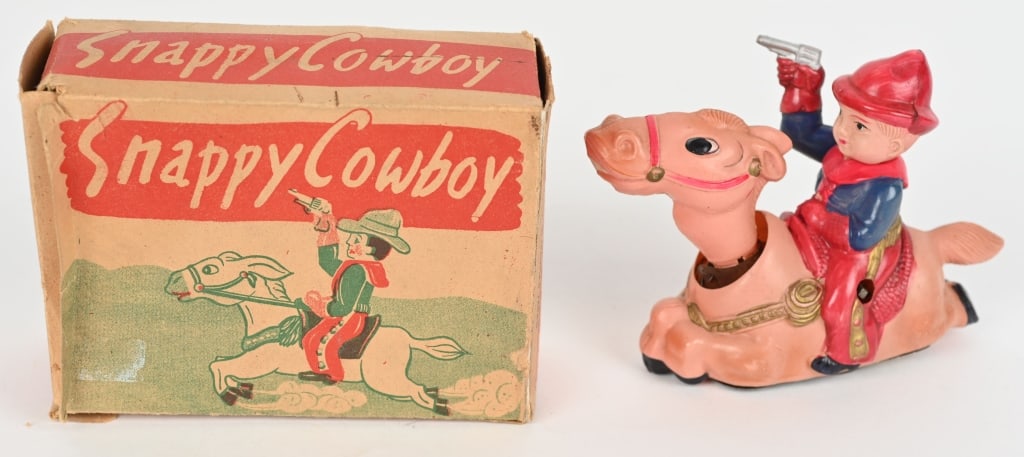 JAPAN CELLULOID WINDUP SNAPPY COWBOY w/ BOX: All original and looks never played with. Windup works. Boxed 5 1/2" Excellent