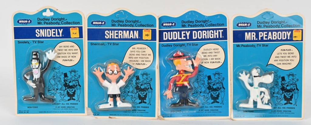 WHAM-O DUDLEY DORIGHT MR PEABODY COLLECTION MOC: Includes Dudley Doright, Mr Peabody, Sherman, and Snidely. All still sealed on cards. 9 3/4" Excellent