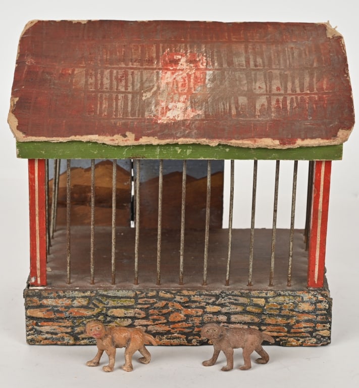 ELASTOLIN MONKEY CAGE: All original Cage with 2 Monkey figures. Has some wear. Missing panel on back. 8" Very Good