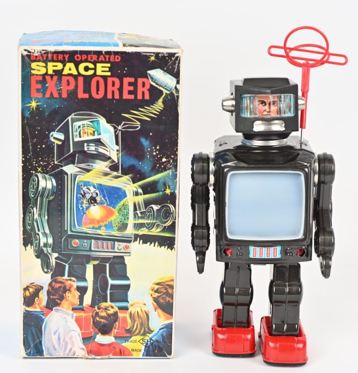 JAPAN BATTERY OP SPACE EXPLORER ROBOT w/ BOX: Battery operated SH Space Explorer Robot with the colorful original box. All actions worked when tested. Great looking toy and box.. 12" Excellent