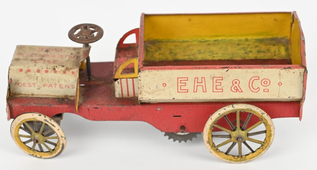 LEHMANN TIN WINDUP EHE & CO TRUCK: All original with some wear. Missing driver. Not working. 7" Very Good