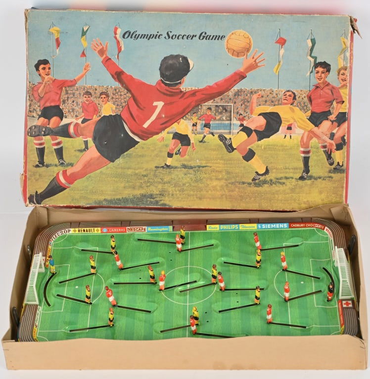 TECHNOFIX TIN OLYMPIC SOCCER GAME w/ BOX: All original with great colors and graphics. Boxed 21" Excellent