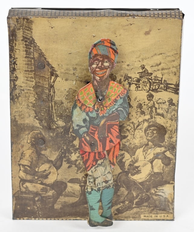 AMERICAN TIN WINDUP DANCING MAMMY: All original with backdrop with minstrels. Dancing figure has nice colors. Windup works. Great early toy 7" Excellent