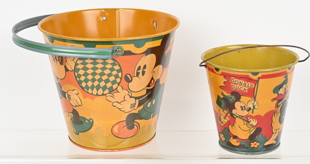 2- VINTAGE MICKEY MOUSE SAND PAILS: Both in great condition with nice colors and Disney graphics. Largest 6" Excellent