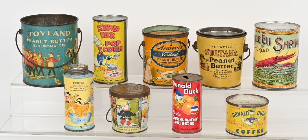 LOT OF PEANUT BUTTER TINS & MORE: Includes Peanut Butter Tins, Donald Duck Pop Corn, Baby Powder, Coffee, and Orange Juice, and Little Eli Shrimp Bank. Largest 4 3/4" Very Good-Excellent