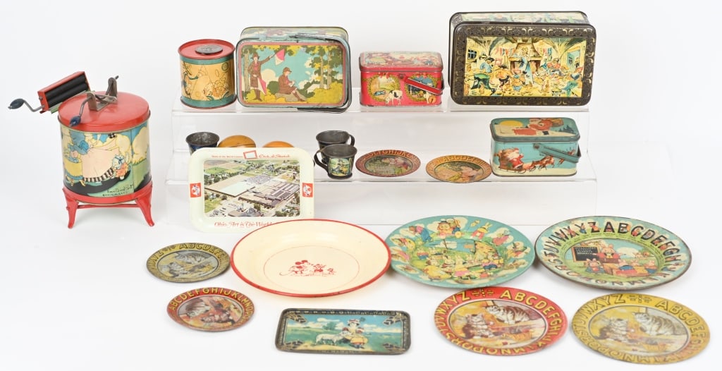 LOT OF VARIOUS TIN ITEMS: Includes Cat washer machine, Santa Claus Baskets, Boy Scout Basket, Alphabet Plates, Tip Trays, Drum Bank, Snow White and 7 Dwarfs Box, Footballs, and More. Largest 8" Very Good-Excellent