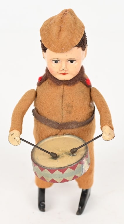 SCHUCO WINDUP GERMAN SOLDIER DRUMMER: Scarce Schuco figure. All original and complete. Not working. 5" Excellent