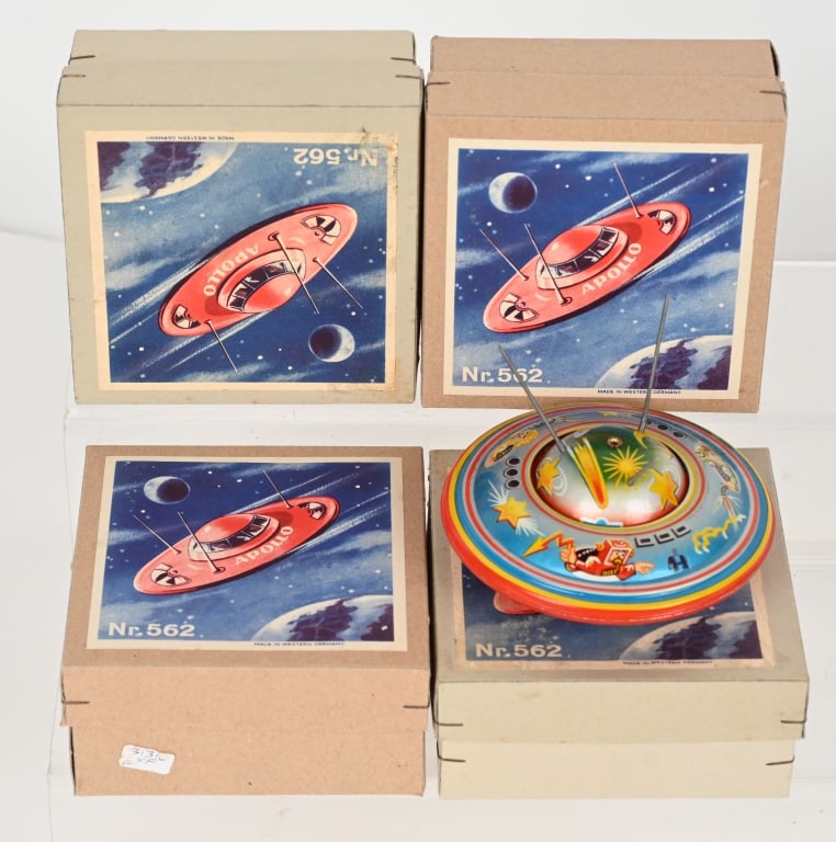4- W GERMANY TIN FRICTION APOLLO UFO w/ BOX: Lot of 4 New Old Stock Western Germany tin friction Apollo UFOs. All works nad Boxed 4" Excellent