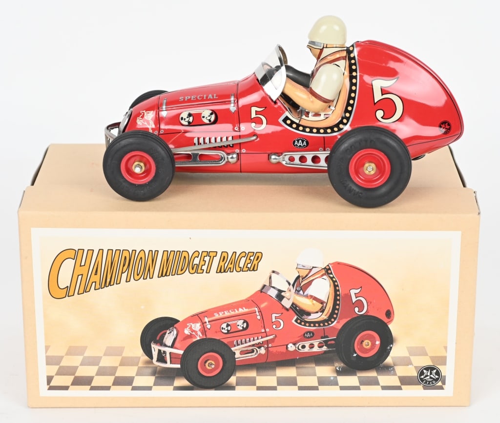 TOMY TIN FRICTION CHAMPION MIDGET RACE w/ BOX: Contemporary Champion Midget Racer. New Old Stock. Boxed 8 1/2" Near Mint