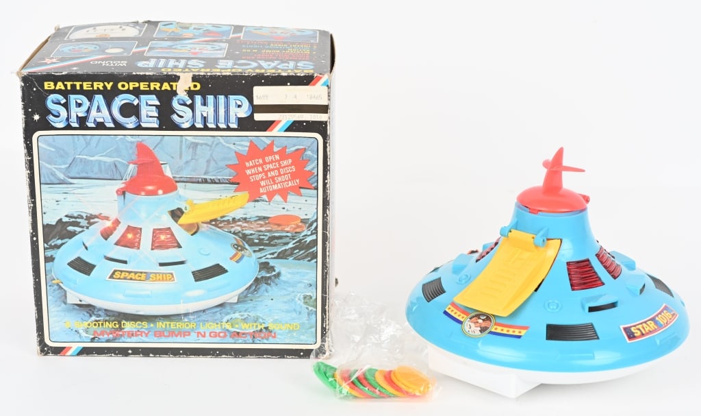 HK BATTERY OP SPACE SHIP w/ BOX: All original and complete. Worked when tested. Boxed 8" Excellent
