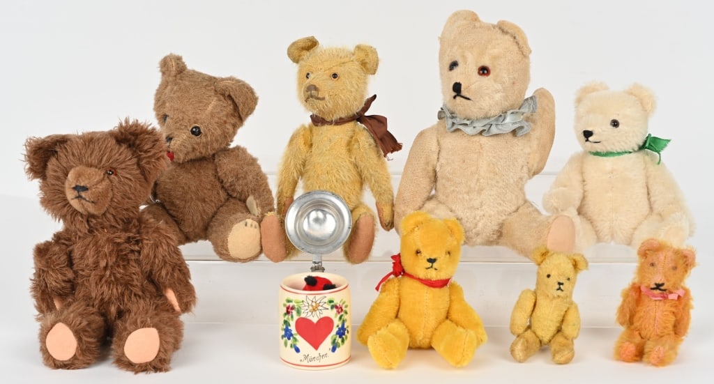 8- ANTIQUE TEDDY BEARS & MORE: Includes Swiss Bear, French Bear, 1940s Wool Character Bear, German, Bear and More. Lot also come with small Beer Stein. All in great shape. Largest 12"