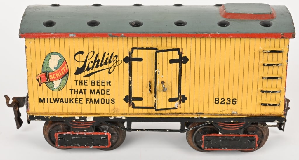MARKLIN SCHLITZ BEER RAILROAD CAR: German circa 1906 hand painted 1 gauge Schlitz Beer Railroad Car. All original and in wonderful condition. Colors are nice and bright. Has a few normal paint chips. Car has opening door and hinged roo
