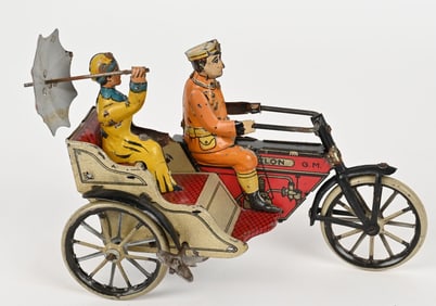 G&K TIN WINDUP MOTORCYCLE w/ LADY IN SIDECAR