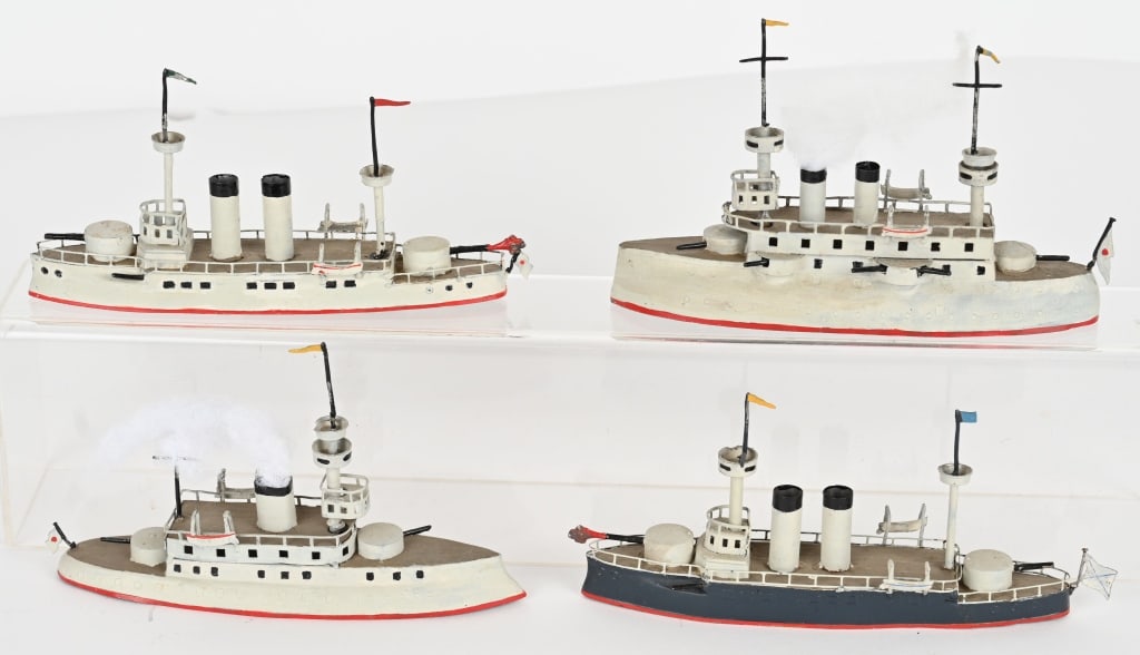 4- CBG MIGNOT WARSHIPS SET: CBG Mignot hand painted Russo Japanese War 4 piece Warship Set. All hand painted with nice details. Largest 7" Excellent