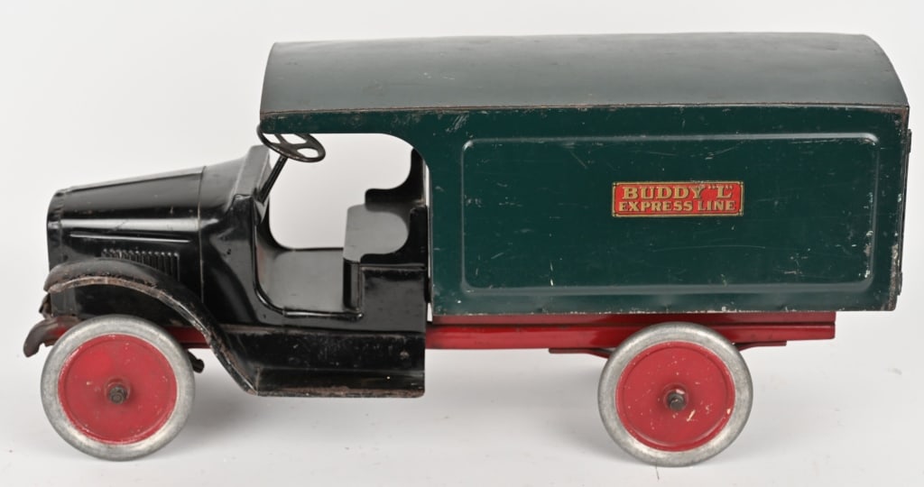 BUDDY L PRESSED STEEL EXPRESS LINE TRUCK: Nice original Express Line Truck. Has very nice paint and decals. Has both original rear doors. A clean Buddy L. 24" Excellent