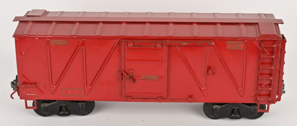 BUDDY L OUTDOOR RAILROAD #53407 BOX CAR: Outstanding original Buddy L pressed steel Outdoor Railroad #53407 Box Car. All original with wonderful paint and decals. Be very hard to find a better example. 20" Excellent