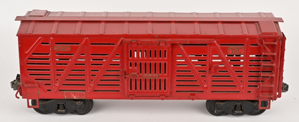 BUDDY L OUTDOOR RAILROAD #12457 CATTLE CAR: Outstanding original Buddy L pressed steel Outdoor Railroad #12457 Cattle Car. All original with wonderful paint and decals. Be very hard to find a better example. 20" Excellent