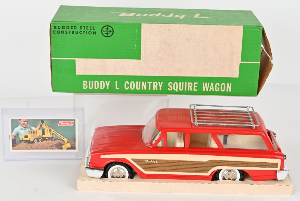 BUDDY L #0305 COUNTRY SQUIRE WAGON w/ BOX: Buddy L #0305 Country Squire Wagon. Red with white interior version. Never played with condition. Boxed with Insert. 15 1/2" Near Mint