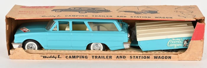 BUDDY L CAMPING TRAILER & STATION WAGON w/ BOX