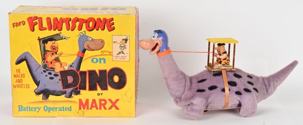 MARX BATTERY OP FRED FLINTSTONE ON DINO w/ BOX: Marx battery operated Fred Flintstone on Dino. Great example that looks never played with condition. Worked when tested. Boxed. A wonderful example of this desirable toy. 15" Excellent