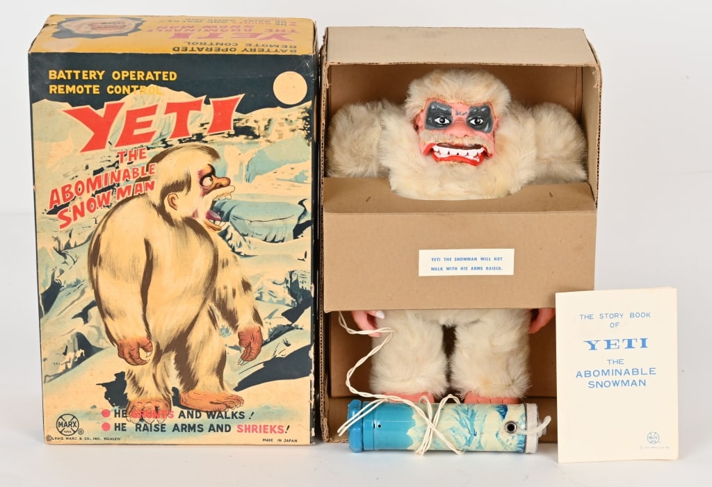 MARX BATTERY OP YETI ABOMINABLE SNOW MAN w/ BOX: Marx Yeti Abominable Snow Man. Made in Japan. All original and complete. Looks never played with condition. Fur is still nice and white. Comes with correct battery box remote with mountains of snow gr