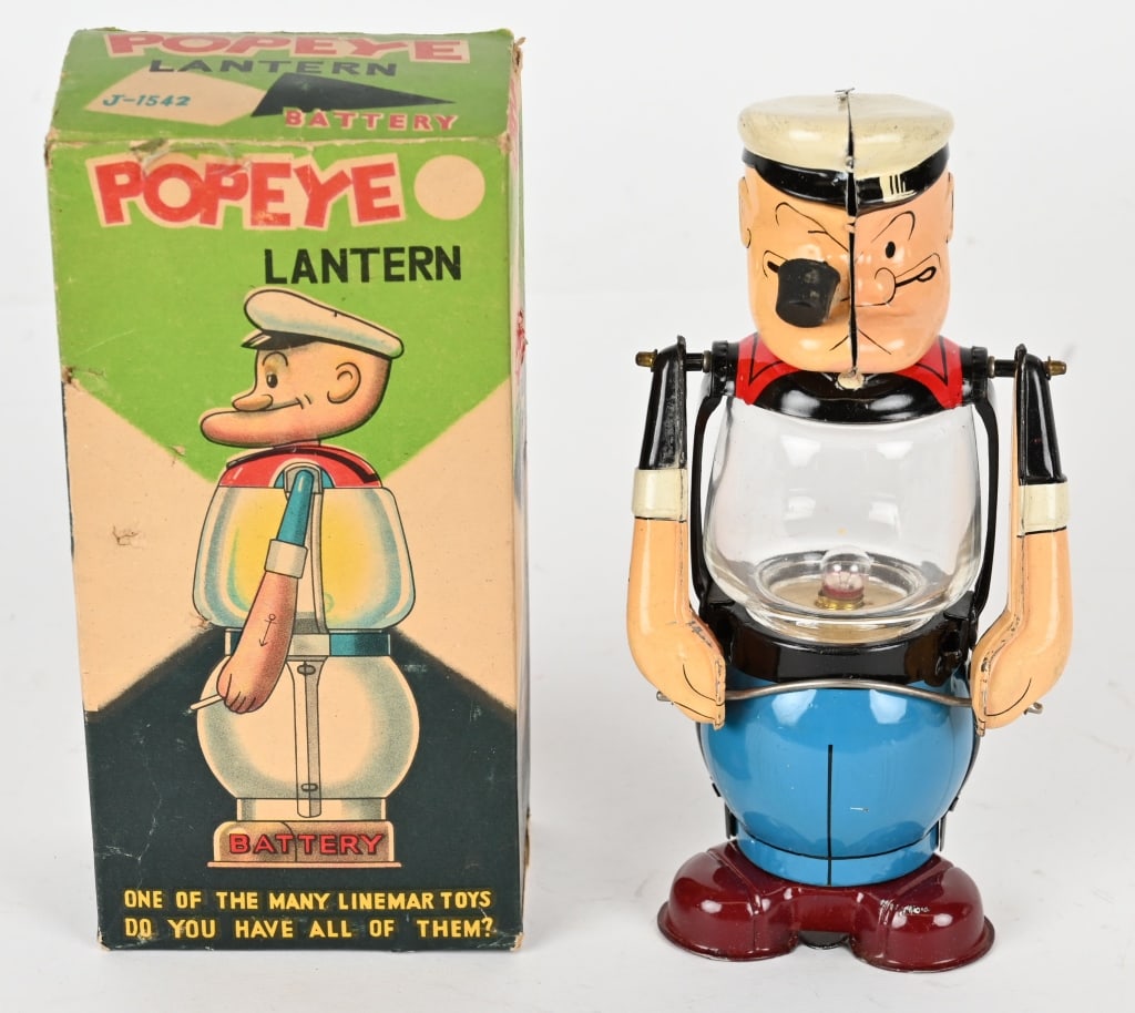 LINEMAR BATTERY OP POPEYE LANTERN w/ BOX: Linemar battery operated Popeye Lantern. All original in great condition. Worked when tested. Boxed 7 1/2" Excellent