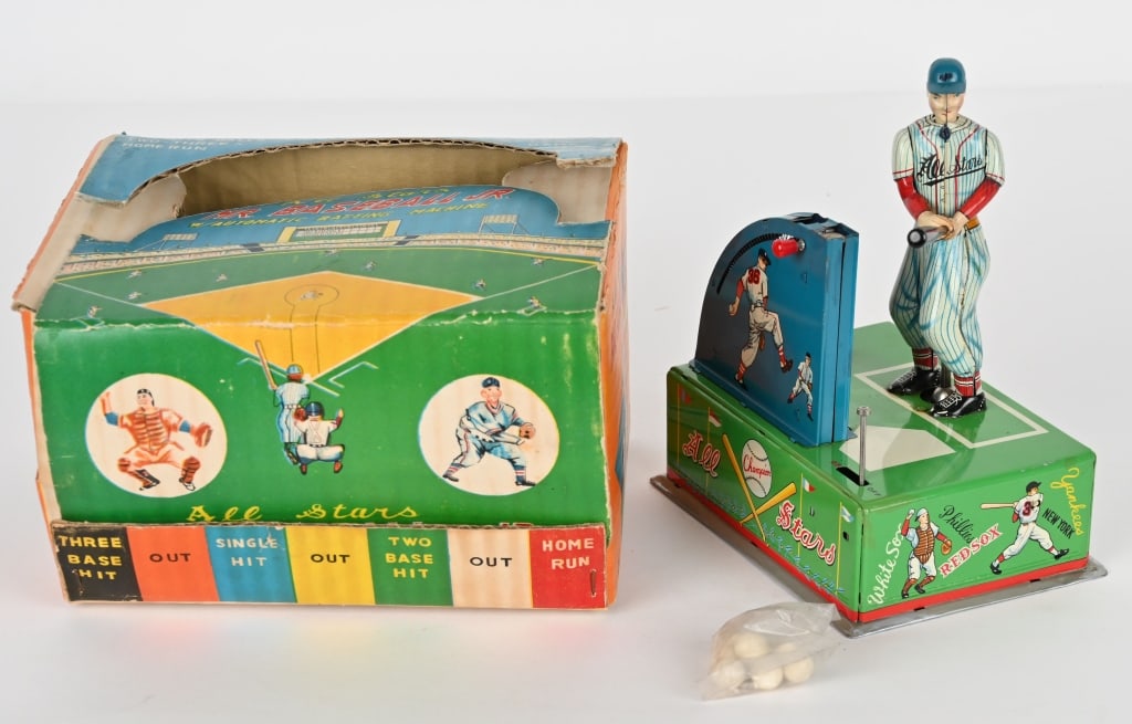 JAPAN BATTERY OP ALL STARS MR BASEBALL JR w/ BOX: Japan battery operated All Stars Mr Baseball Jr. All original and complete with Bat and Balls. Worked when tested. With Box 8" Excellent
