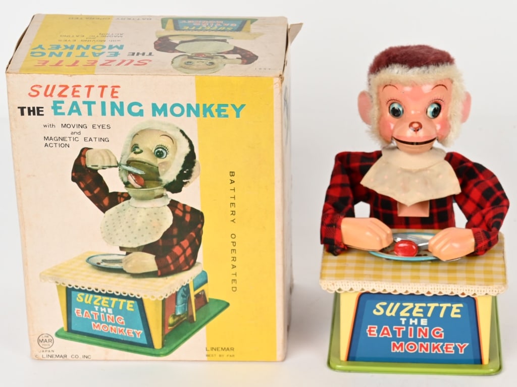 LINEMAR BATTERY OP SUZETTE EATING MONKEY w/ BOX: Linemar battery operated Suzette the Eating Monkey. All original in great shape. Worked when tested. Boxed 9" Excellent