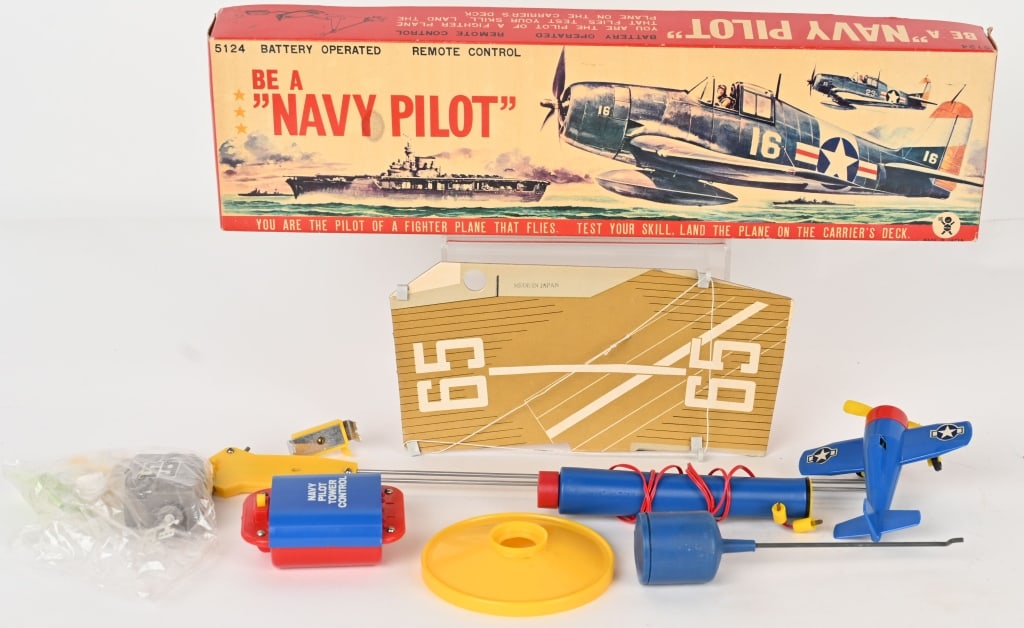 JAPAN BATTERY OP BE A NAVY PILOT w/ BOX: Japan battery operated Be A Navy Pilot. All original and complete. Worked when tested. Boxed 19" Excellent