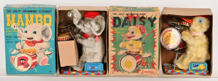 2- JAPAN BATTERY OP MAMBO & DAISY DRUMMERS w/ BOX