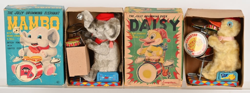 2- JAPAN BATTERY OP MAMBO & DAISY DRUMMERS w/ BOX: Lot includes Mambo Elephant and Daisy Duck Drummers with original boxes. Both worked when tested. Daisy drum head has tear on inside. 9" Excellent